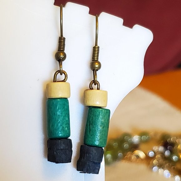 Bronze Hook Colored Wood Bead Dangle Earrings NWT
